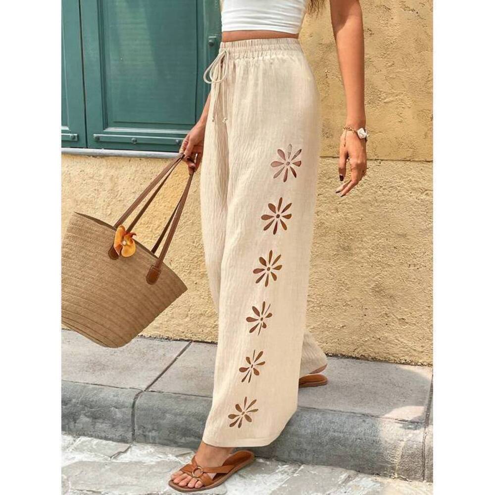 Frenchy Women's Khaki Casual Long Pants With Knotted Drawstring And Floral